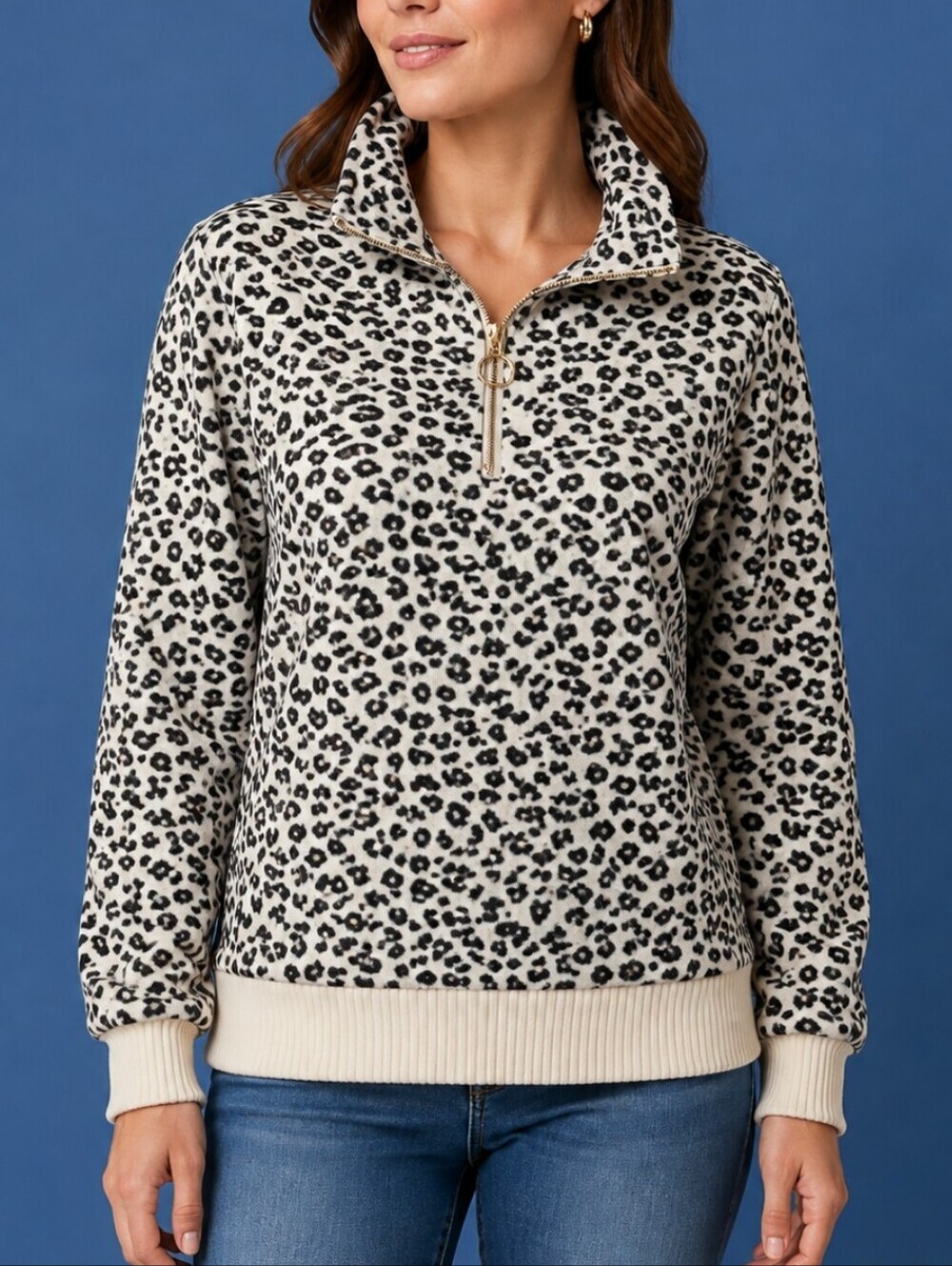LOFT Cheetah Leopard Print High Collar Zipper Heavyweight Pullover Sweater